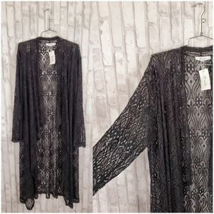 Plus size black stretch lace duster cardigan